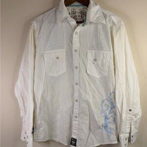 White Casual Button-Down Shirt with Blue Embroidery